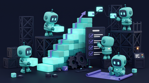 Illustration 3D teal-violet de petits robots suivant une feuille de route en 10 étapes d'IA.