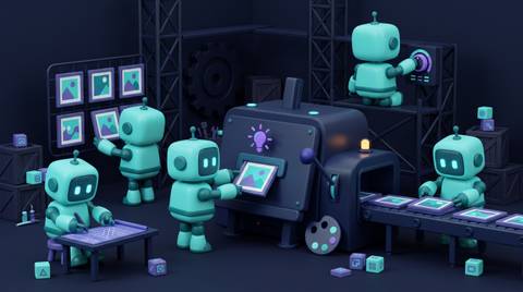 Illustration 3D teal-violet de petits robots générant des images par intelligence artificielle.