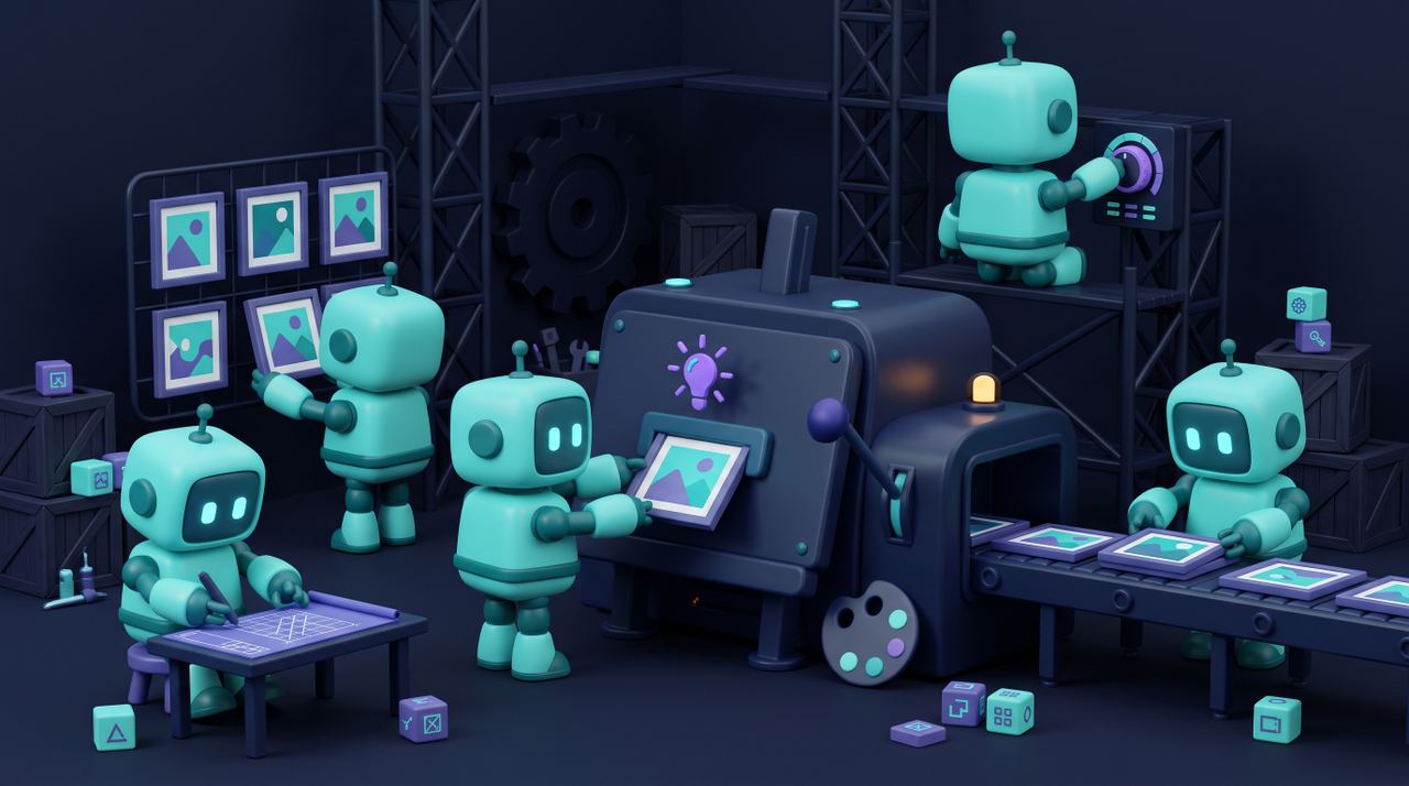 Illustration 3D teal-violet de petits robots générant des images par intelligence artificielle.
