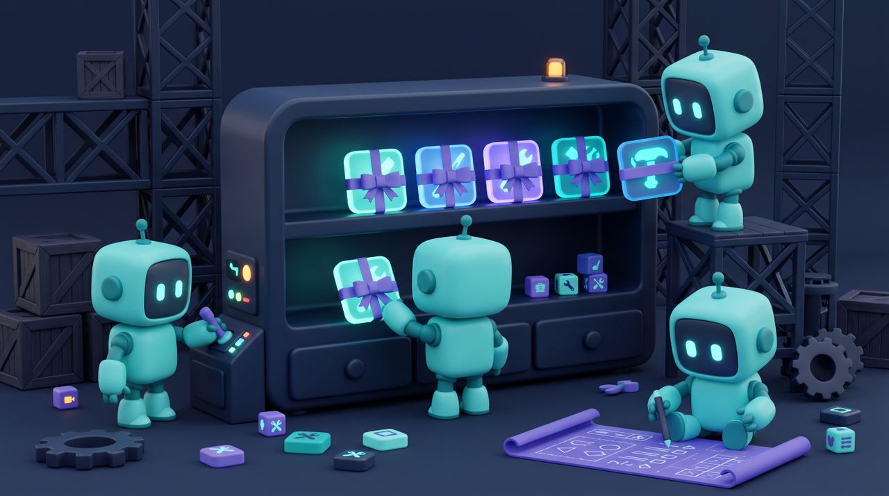 Illustration 3D teal-violet de petits robots découvrant des outils d'IA gratuits pour PME.