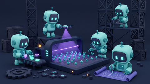 Illustration 3D teal-violet de petits robots surveillant des cultures avec vision et drone.