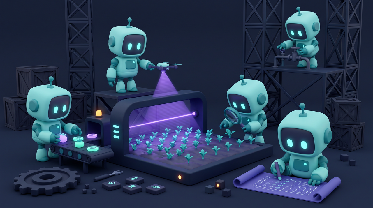 Illustration 3D teal-violet de petits robots surveillant des cultures avec vision et drone.