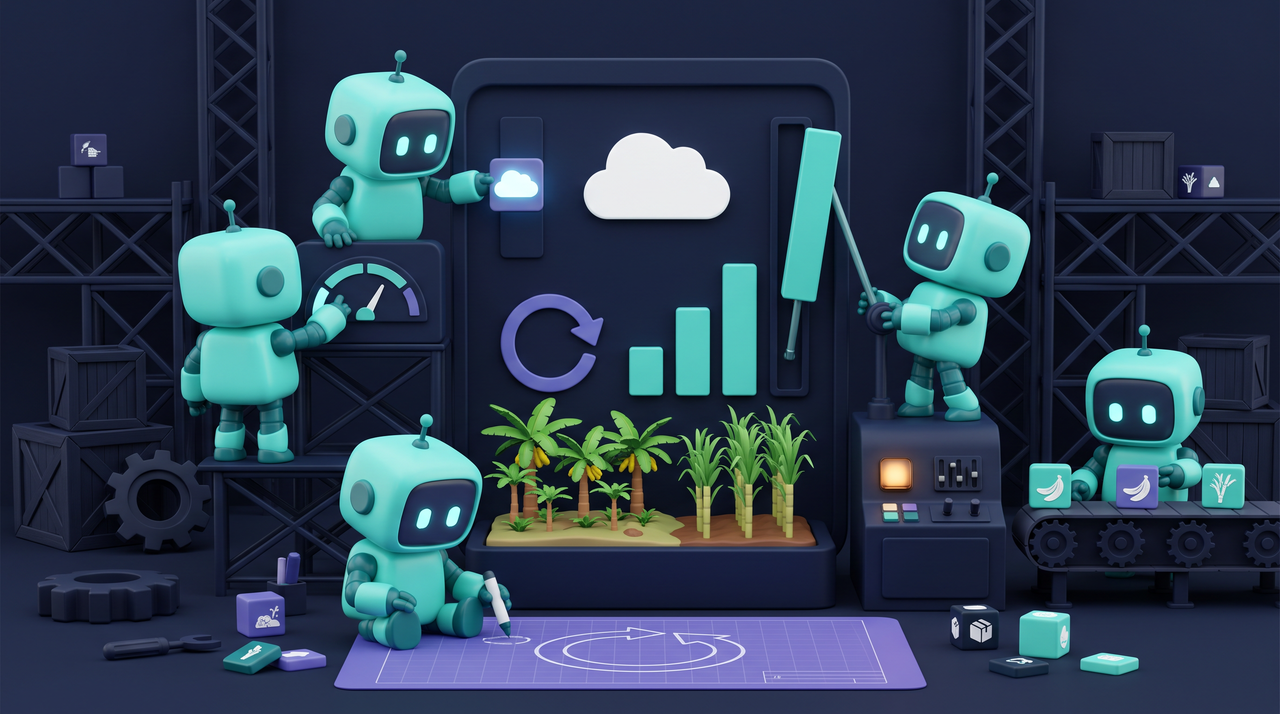 Illustration 3D teal-violet de petits robots aidant à la décision agricole avec météo et récolte.