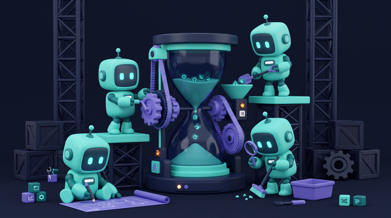 Illustration 3D teal-violet de petits robots optimisant une machine sablier pour gagner du temps en PME antillaises.