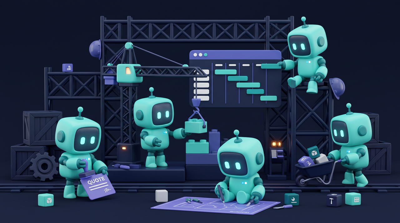 Illustration 3D teal-violet de petits robots gérant devis et chantier BTP avec l'IA.