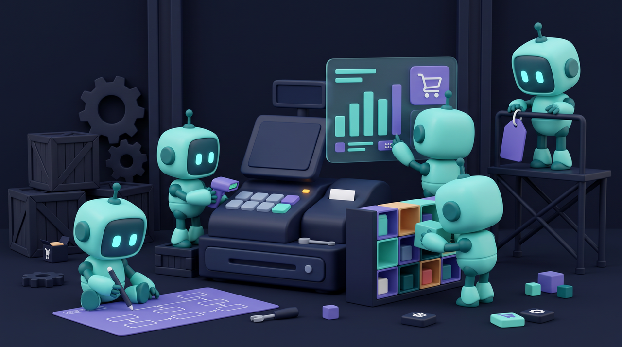 Illustration 3D teal-violet de petits robots modernisant un commerce de détail avec l'IA.
