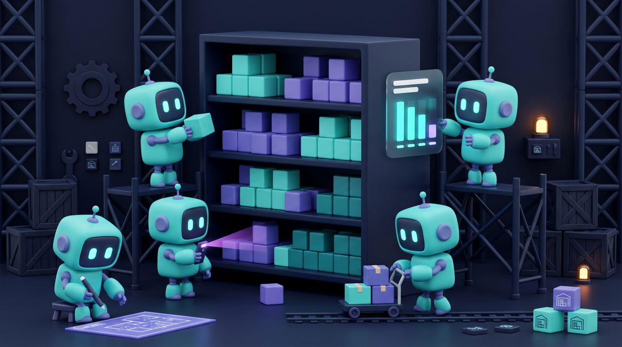 Illustration 3D teal-violet de petits robots gérant stock et caisse d'un commerce.