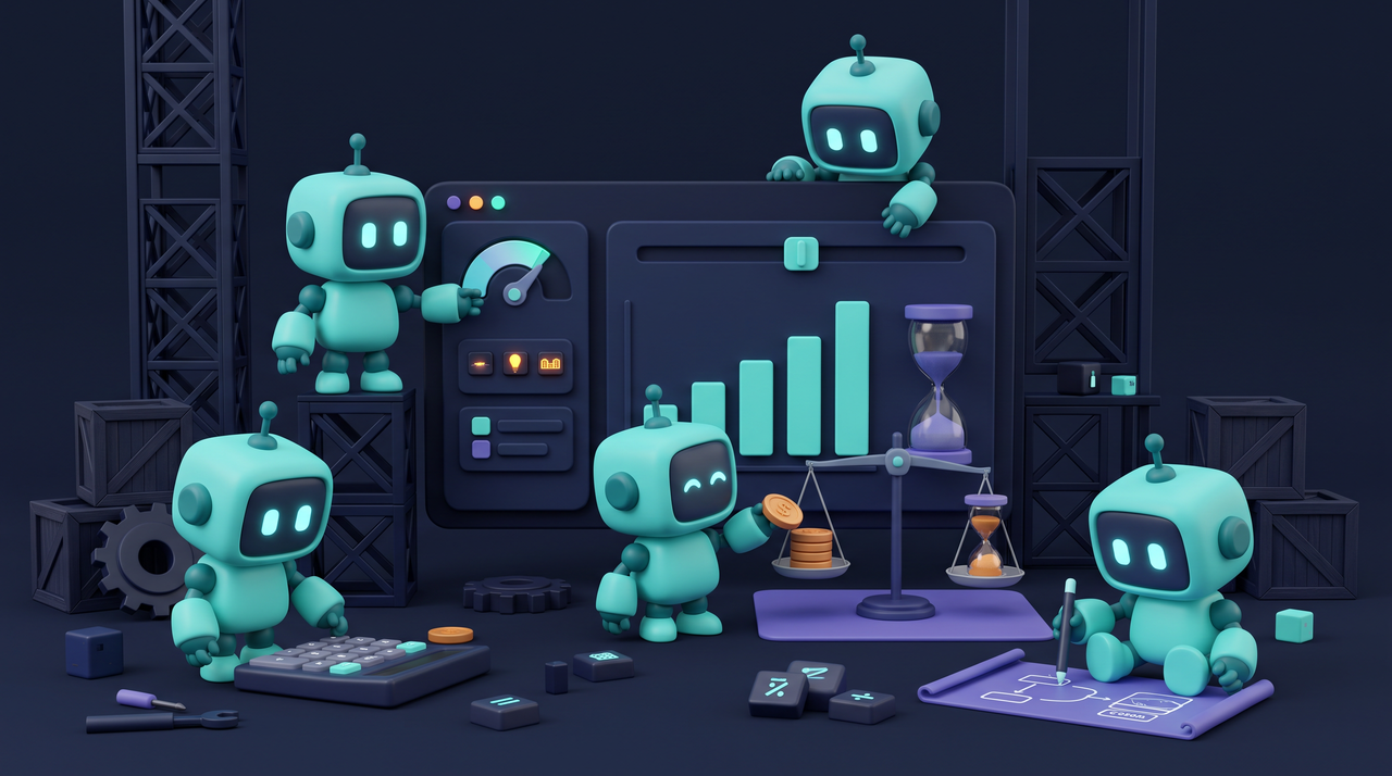 Illustration 3D teal-violet de petits robots calculant le coût d'un projet IA.
