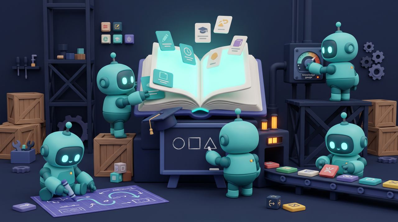 Illustration 3D teal-violet de petits robots au service de l'éducation et du tutorat par IA.