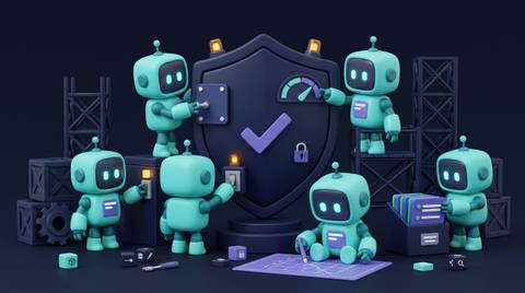 Illustration 3D teal-violet de petits robots sécurisant l'IA d'une entreprise contre les risques.