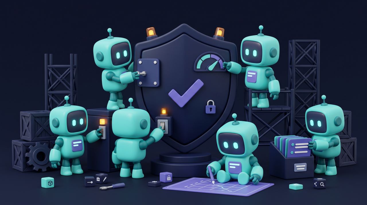 Illustration 3D teal-violet de petits robots sécurisant l'IA d'une entreprise contre les risques.