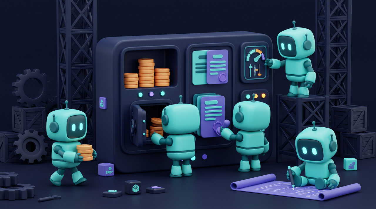Illustration 3D teal-violet de petits robots mobilisant des financements pour un projet IA.