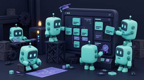 Illustration 3D teal-violet de petits robots concevant des programmes de formation.