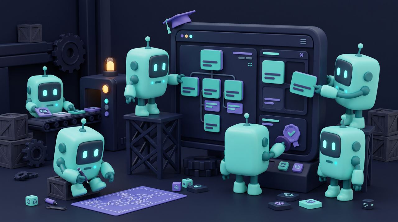 Illustration 3D teal-violet de petits robots concevant des programmes de formation.
