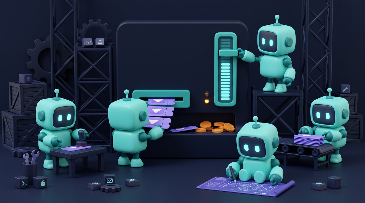 Illustration 3D teal-violet de petits robots distribuant des aides au numérique.