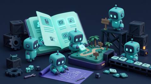 Illustration 3D teal-violet de petits robots présentant un guide complet de l'IA en Guadeloupe.