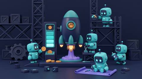 Illustration 3D teal-violet de petits robots lançant une fusée symbolisant le dispositif IA Booster.