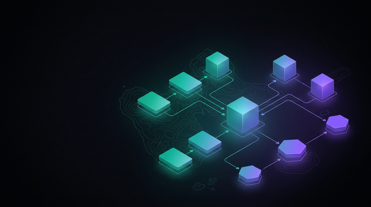 Schéma isométrique abstrait teal et violet figurant le financement structuré d'un projet d'intelligence artificielle en Guadeloupe.
