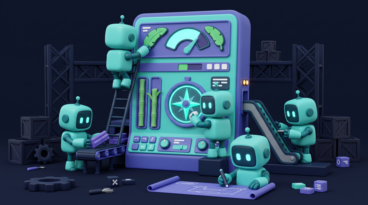 Illustration 3D teal-violet de petits robots optimisant un tableau de bord productivité tropical pour entreprises antillaises.