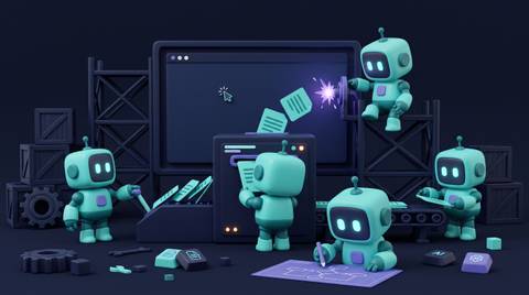Illustration 3D teal-violet de petits robots produisant des documents avec l'IA générative.