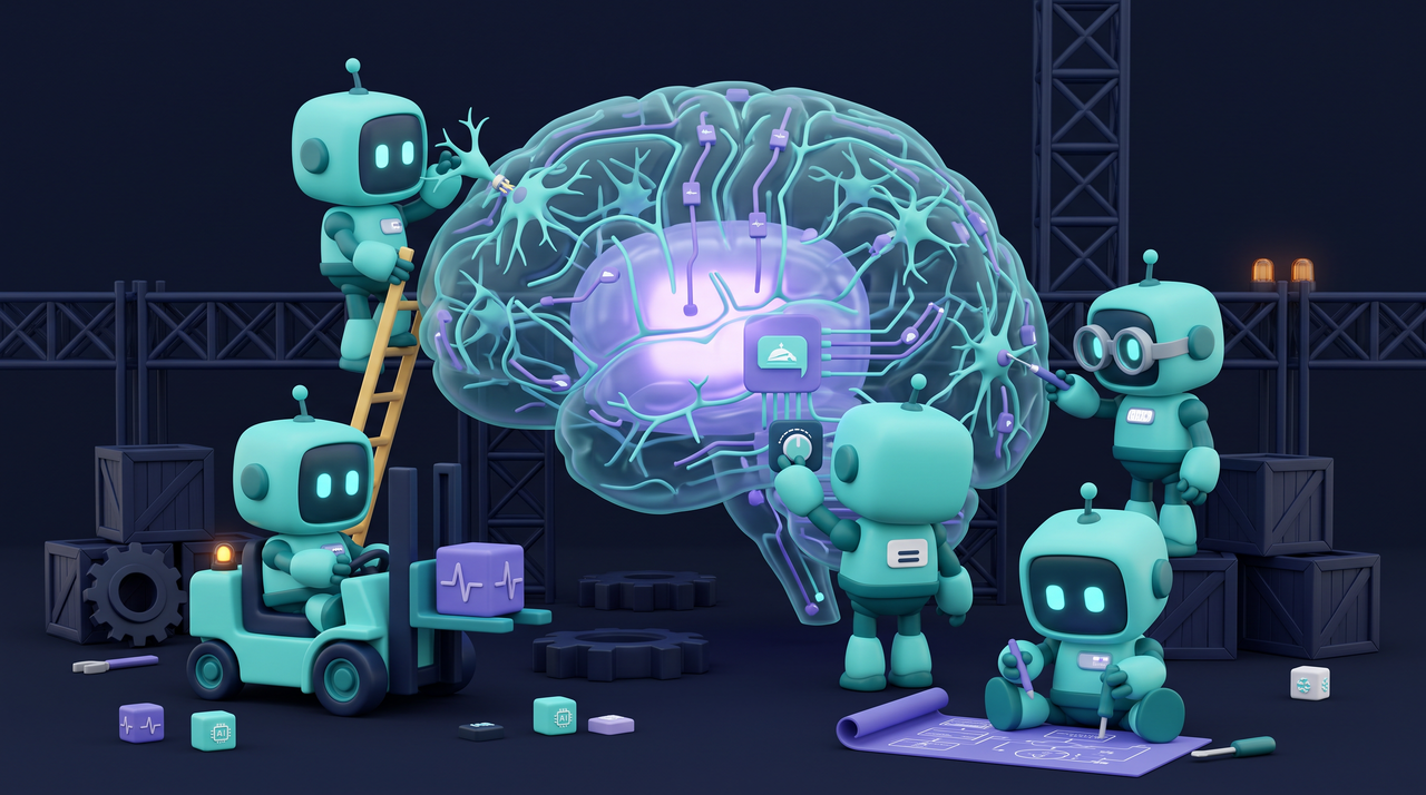 Illustration 3D teal-violet de petits robots construisant un cerveau IA avec neurones et flux de données.
