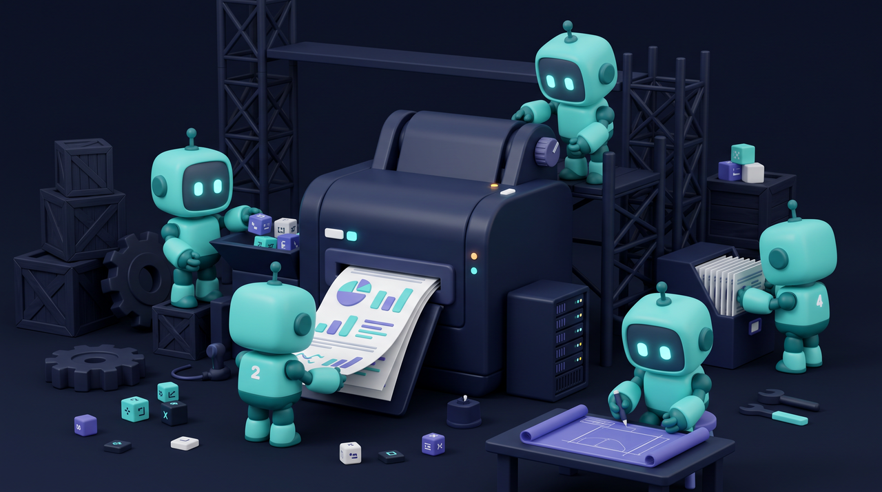Illustration 3D teal-violet de petits robots automatisant les rapports clients d'un MSP.