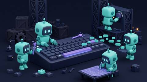Illustration 3D teal-violet de petits robots maîtrisant l'art du prompt engineering.