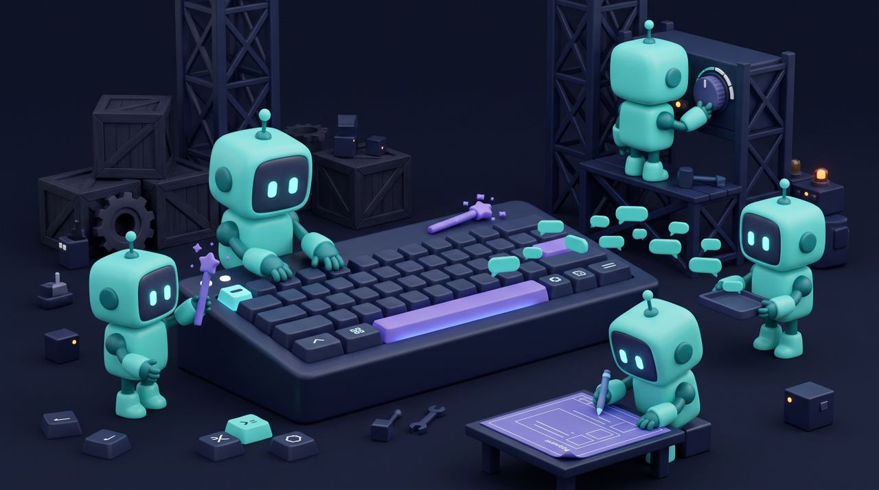 Illustration 3D teal-violet de petits robots maîtrisant l'art du prompt engineering.
