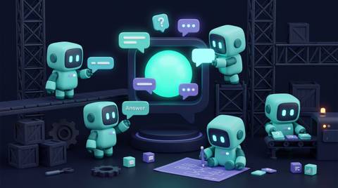 Illustration 3D teal-violet de petits robots expliquant le fonctionnement d'un assistant conversationnel.