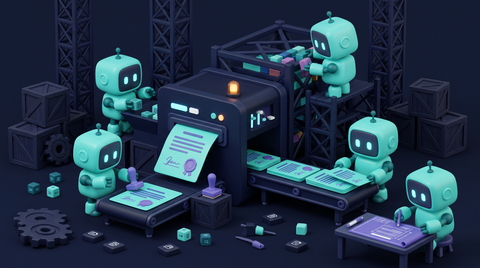 Illustration 3D teal-violet de petits robots rédigeant des contrats de travail automatisés.