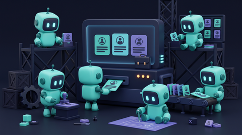Illustration 3D teal-violet de petits robots rédigeant des fiches de poste et offres d'emploi.