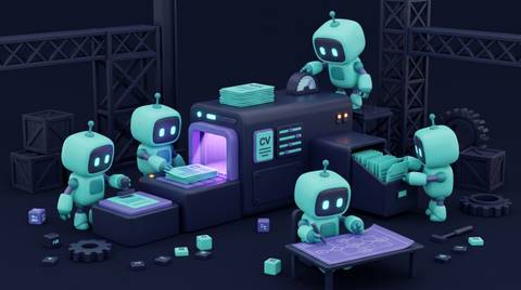Illustration 3D teal-violet de petits robots automatisant paie, contrats et recrutement RH.
