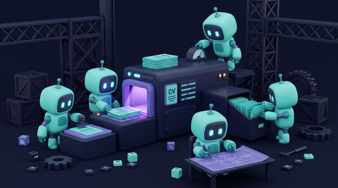 Illustration 3D teal-violet de petits robots automatisant paie, contrats et recrutement RH.