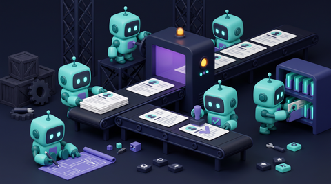 Illustration 3D teal-violet de petits robots triant des candidatures sur un pipeline RH automatisé.