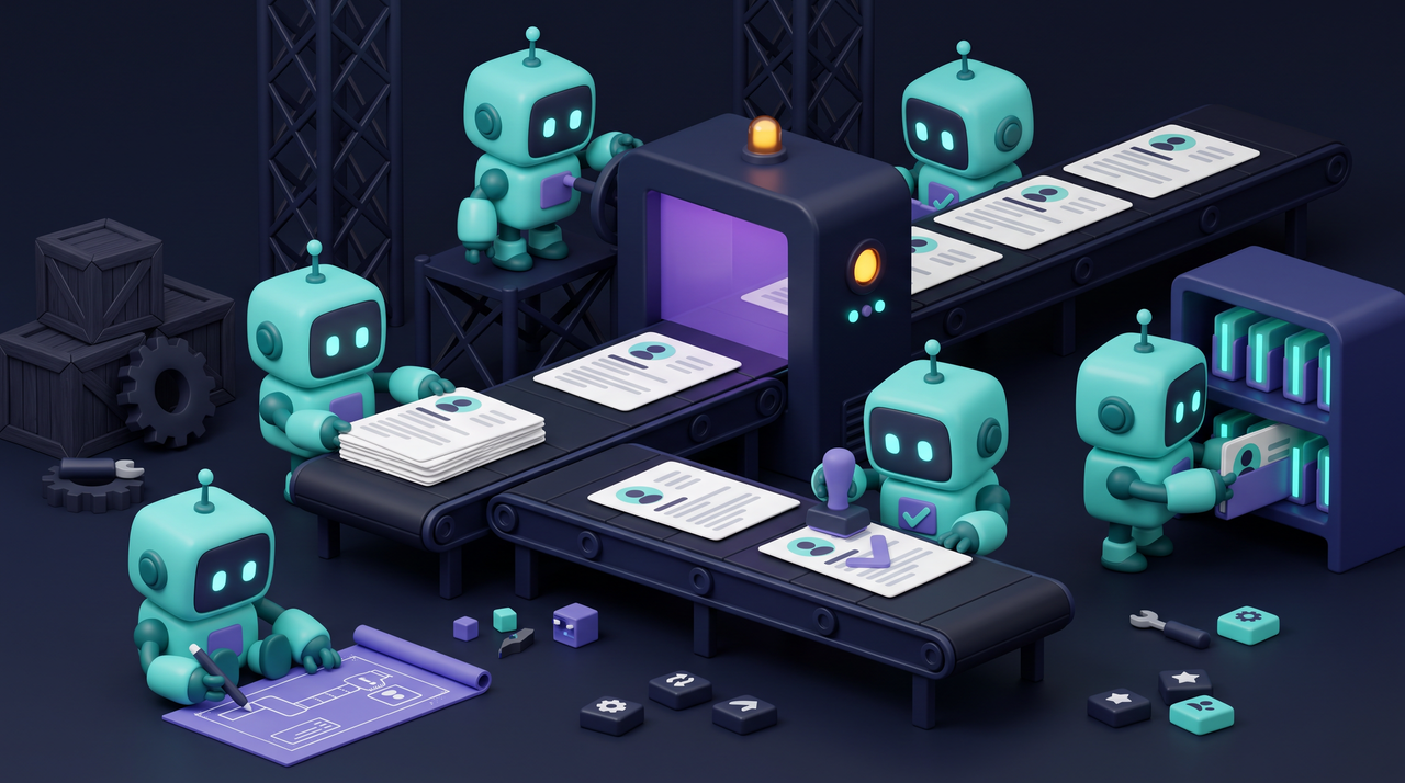 Illustration 3D teal-violet de petits robots triant des candidatures sur un pipeline RH automatisé.