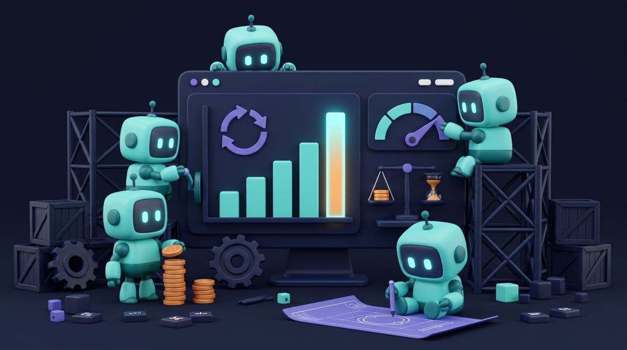 Illustration 3D teal-violet de petits robots mesurant le retour sur investissement d'un projet IA.
