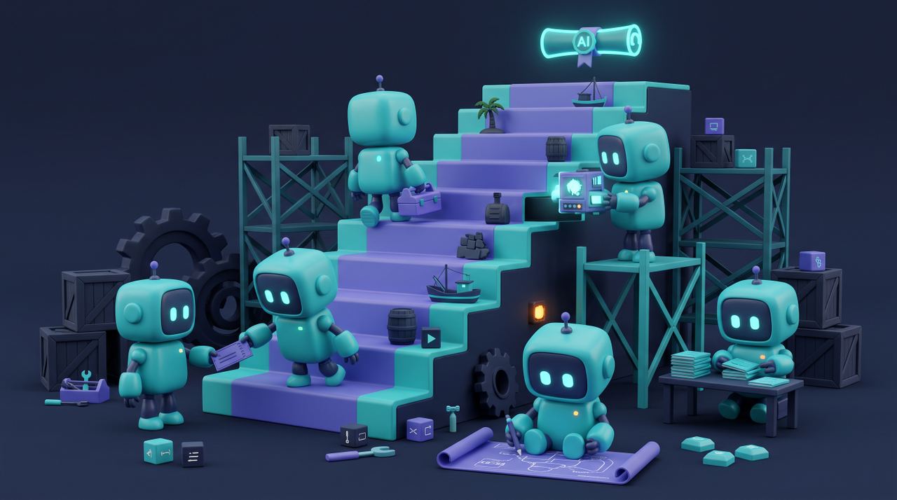 Illustration 3D teal-violet de petits robots construisant un parcours de formation IA en Guadeloupe.