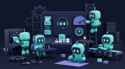 Illustration 3D teal-violet de petits robots améliorant le service client grâce à l'IA.