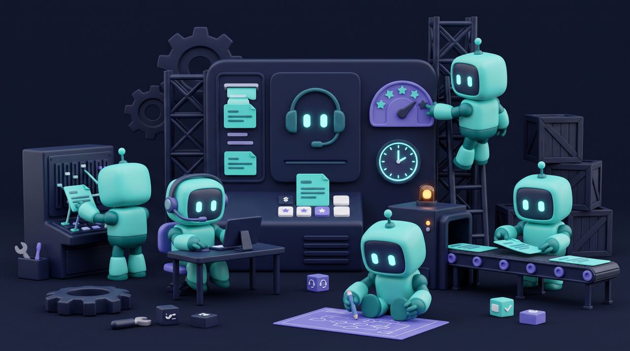 Illustration 3D teal-violet de petits robots améliorant le service client grâce à l'IA.
