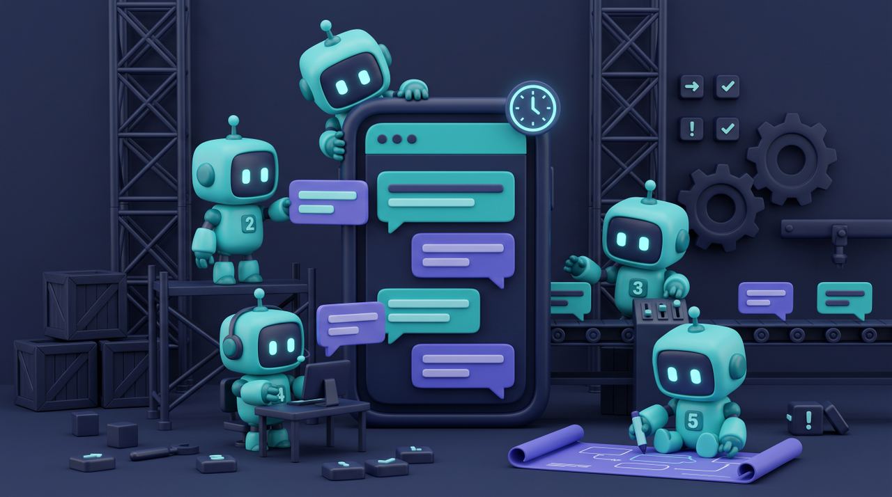 Illustration 3D teal-violet de petits robots opérant une messagerie client automatisée avec supervision humaine.