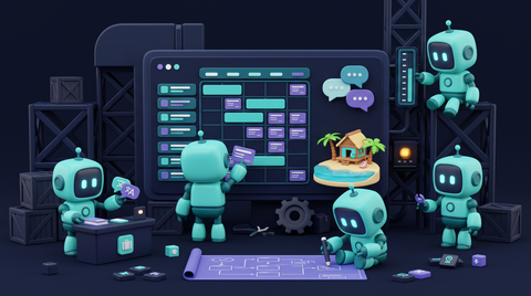 Illustration 3D teal-violet de petits robots automatisant les réservations touristiques.