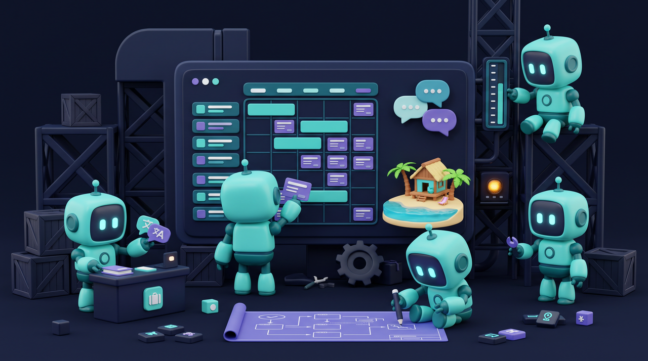 Illustration 3D teal-violet de petits robots automatisant les réservations touristiques.