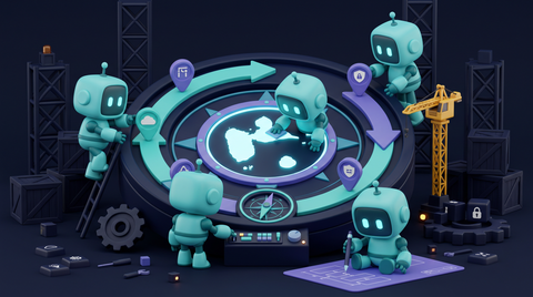 Illustration 3D teal-violet de petits robots construisant une boussole de transformation digitale pour PME guadeloupéennes.