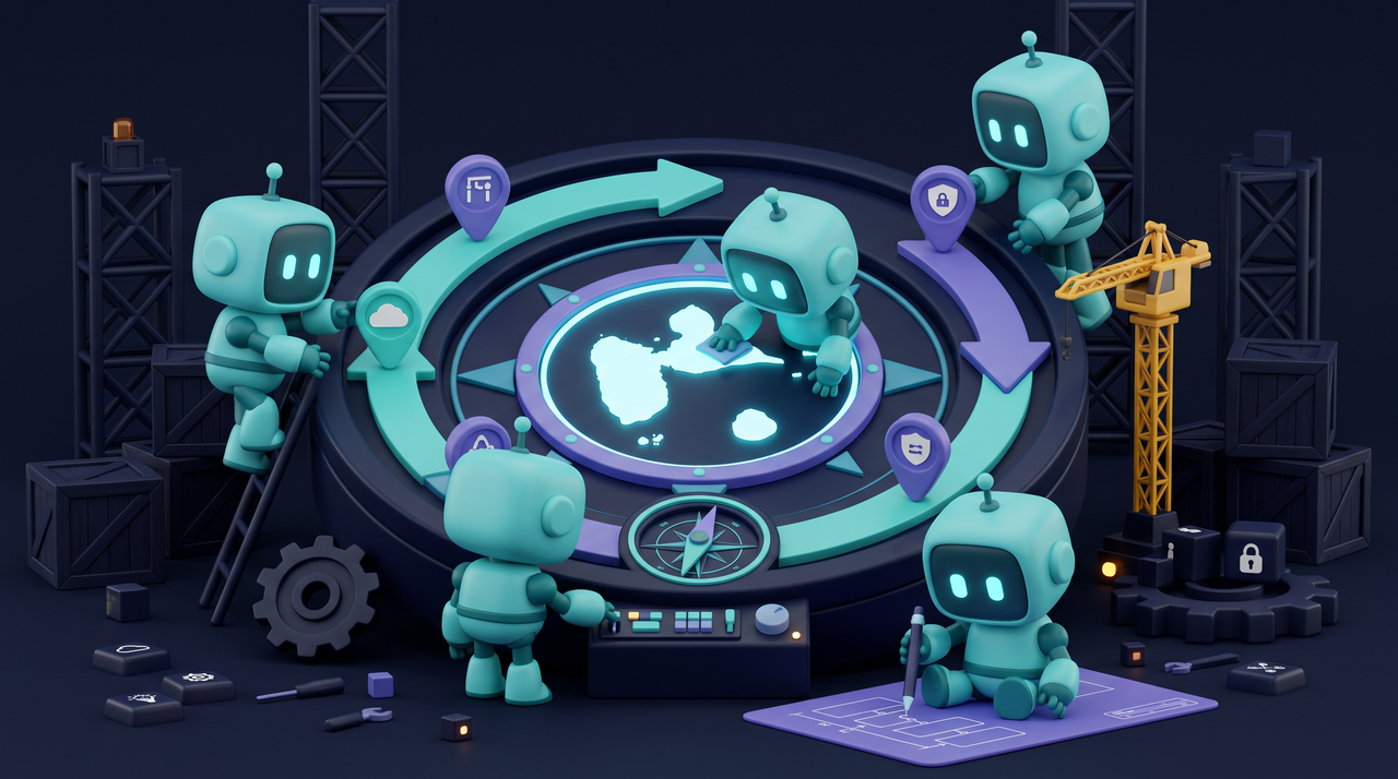 Illustration 3D teal-violet de petits robots construisant une boussole de transformation digitale pour PME guadeloupéennes.