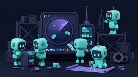 Illustration 3D teal-violet de petits robots automatisant la veille informationnelle.
