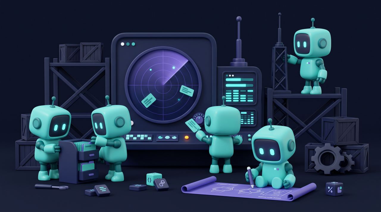 Illustration 3D teal-violet de petits robots automatisant la veille informationnelle.