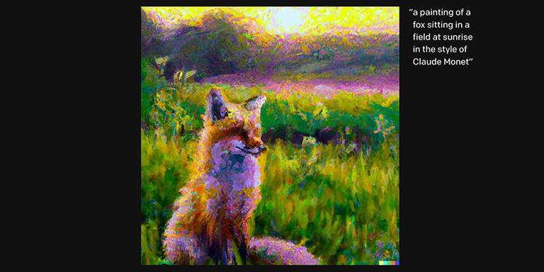 An image of "A fox sitting in a field in the style of Monet" generated by the AI art generator, Big Sleep. 